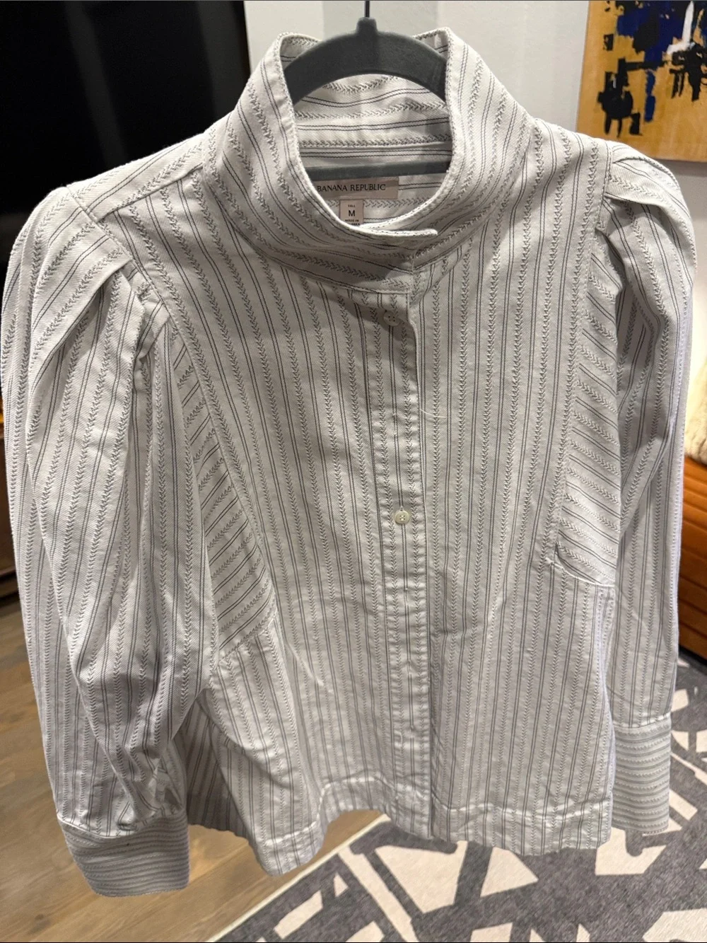 Banana Republic White Shirt with Navy Pinstripes and High Collar